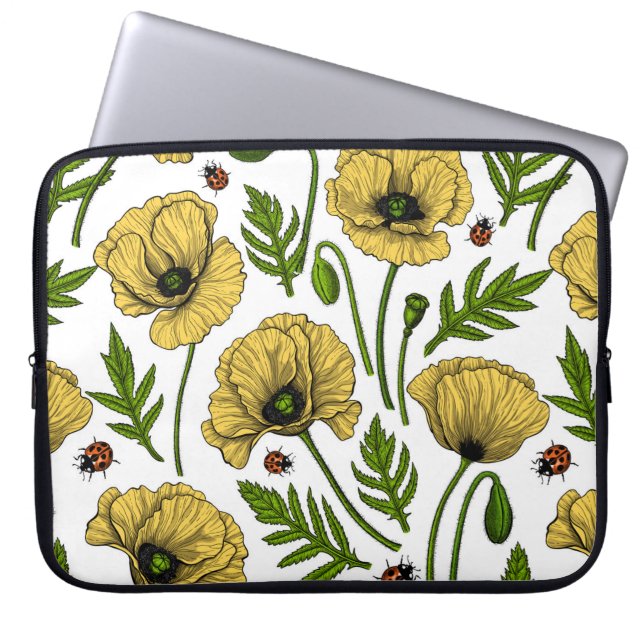 Yellow poppies and ladybugs laptop sleeve (Front)