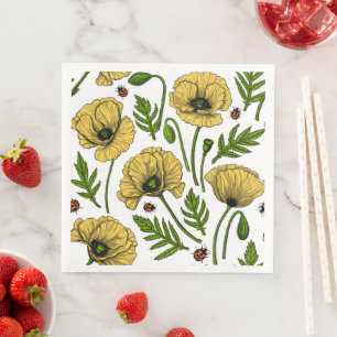 Yellow poppies and ladybugs paper dinner napkins