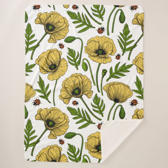 Yellow poppies and ladybugs sherpa blanket (Front)
