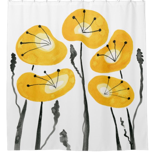 Yellow Poppies Boho Modern Bathroom Decor Shower Curtain (Front)