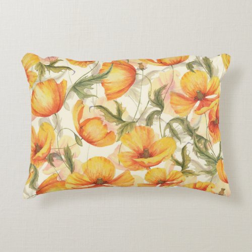 Yellow poppies hand_drawn watercolor pattern accent pillow