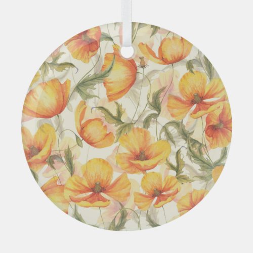 Yellow poppies hand_drawn watercolor pattern glass ornament