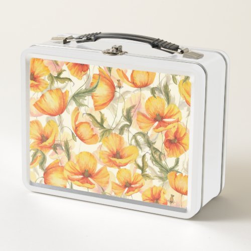 Yellow poppies hand_drawn watercolor pattern metal lunch box