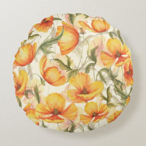 Yellow poppies hand_drawn watercolor pattern round pillow