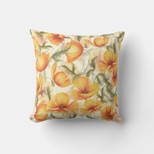 Yellow poppies hand_drawn watercolor pattern throw pillow