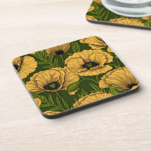 Yellow poppies on dark green beverage coaster