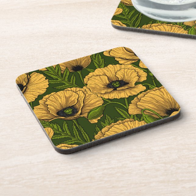 Yellow poppies on dark green beverage coaster (Left Side)