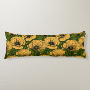 Yellow poppies on dark green body pillow