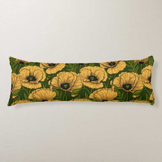Yellow poppies on dark green body pillow (Front)