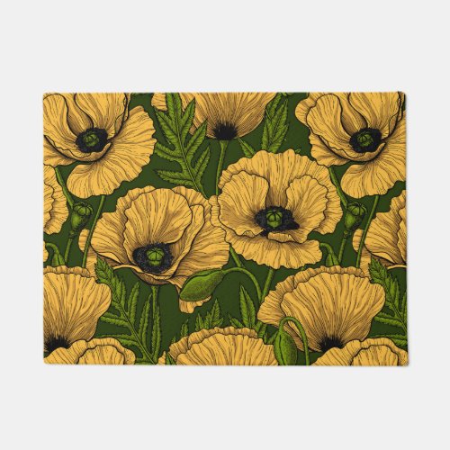 Yellow poppies on dark green doormat