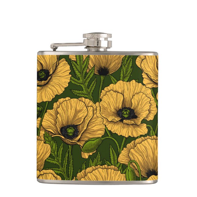 Yellow poppies on dark green flask (Front)