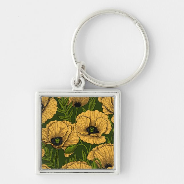 Yellow poppies on dark green keychain (Front)