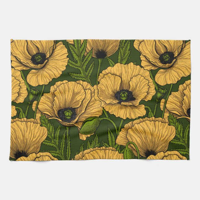Yellow poppies on dark green kitchen towel (Horizontal)