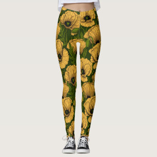 Yellow poppies on dark green leggings