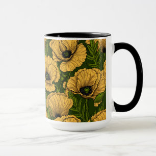 Yellow poppies on dark green mug