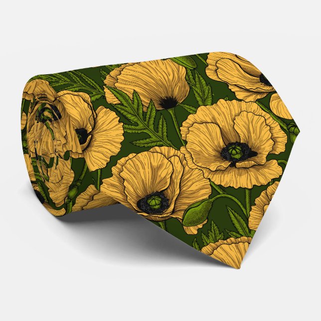 Yellow poppies on dark green neck tie (Rolled)