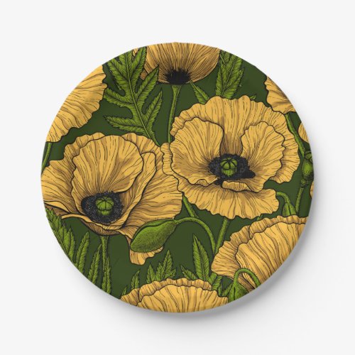 Yellow poppies on dark green paper plates