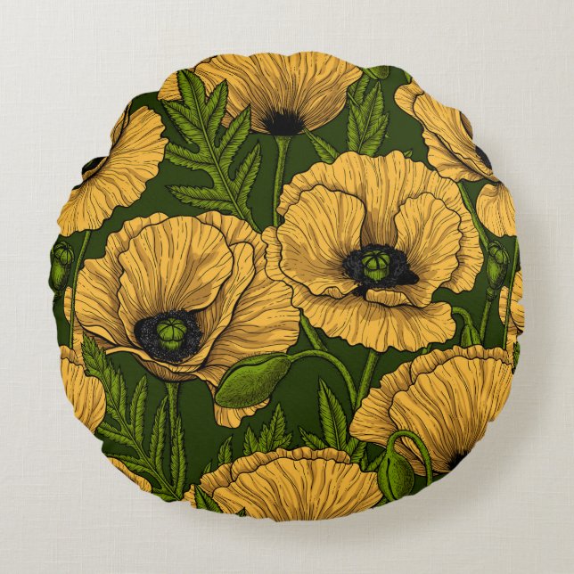 Yellow poppies on dark green round pillow (Front)