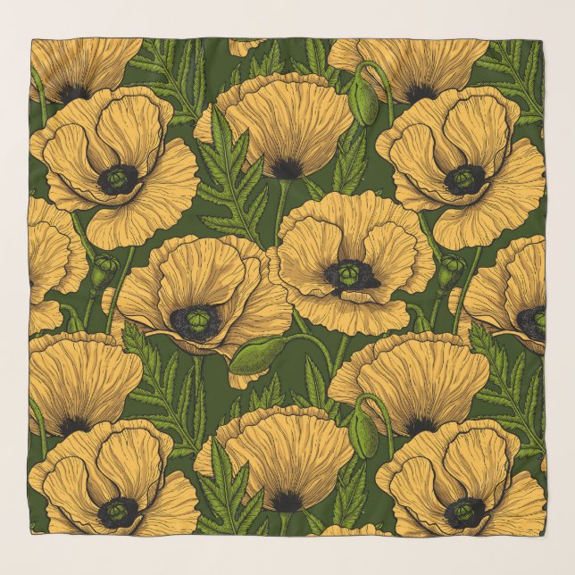 Yellow poppies on dark green scarf (Front)