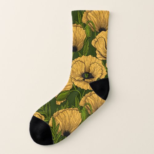 Yellow poppies on dark green socks