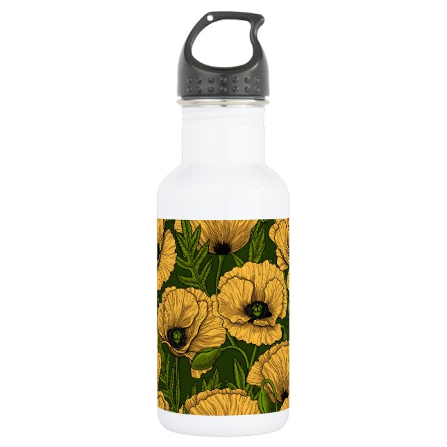 Yellow poppies on dark green stainless steel water bottle (Front)