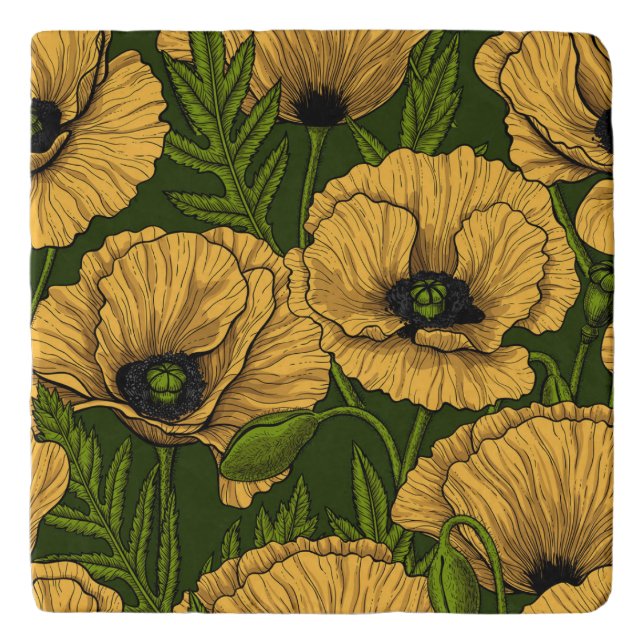 Yellow poppies on dark green trivet (Front)