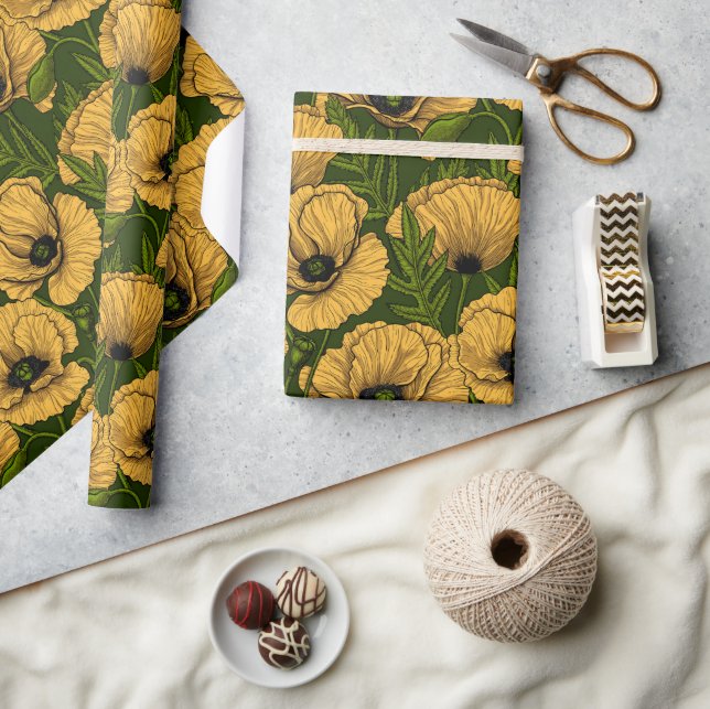 Yellow poppies on dark green wrapping paper (Crafts)