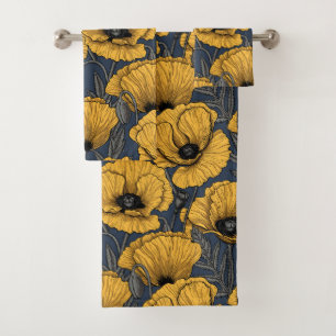 Yellow poppies on navy bath towel set