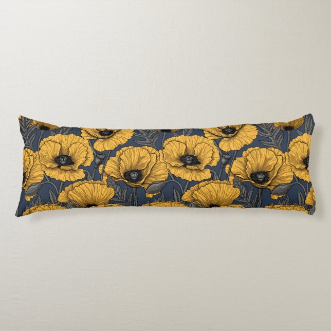 Yellow poppies on navy body pillow (Front)