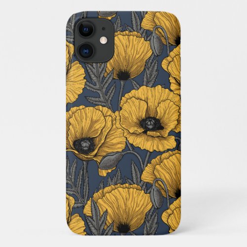 Yellow poppies on navy iPhone 11 case