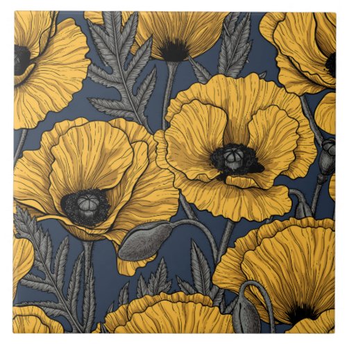 Yellow poppies on navy ceramic tile