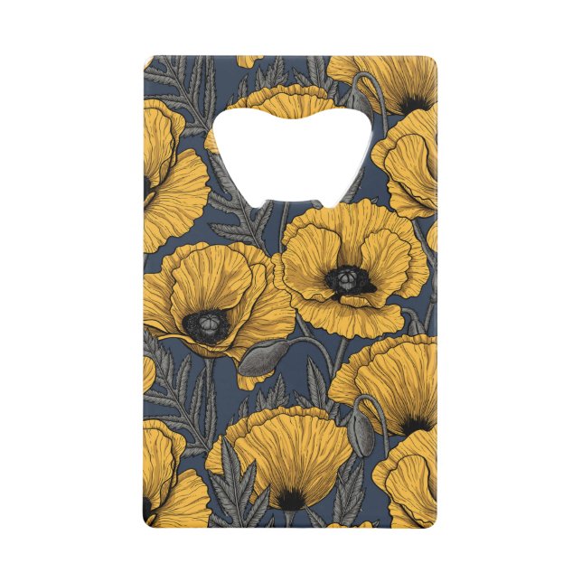 Yellow poppies on navy credit card bottle opener (Front)