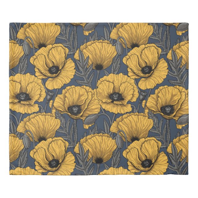 Yellow poppies on navy duvet cover (Front)