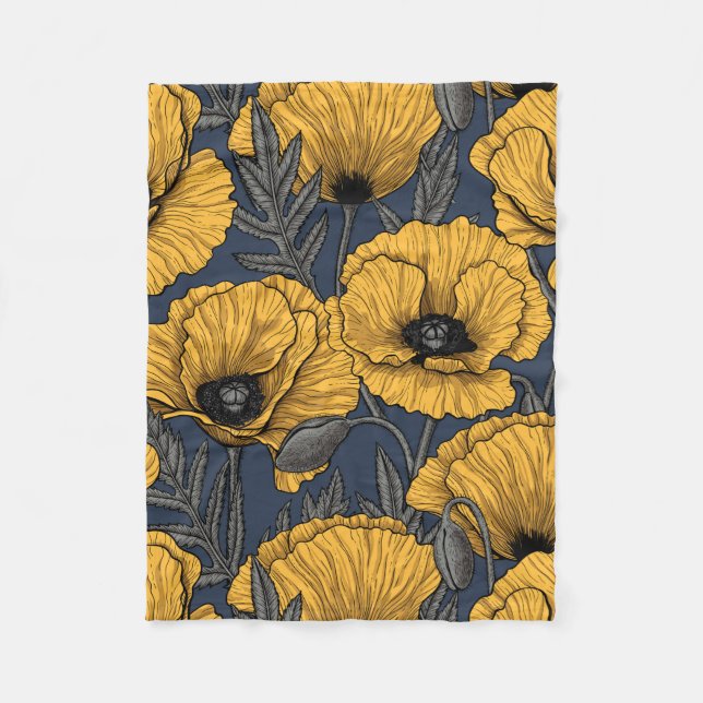 Yellow poppies on navy fleece blanket (Front)