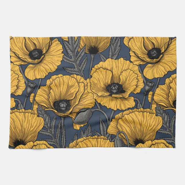 Yellow poppies on navy kitchen towel (Horizontal)