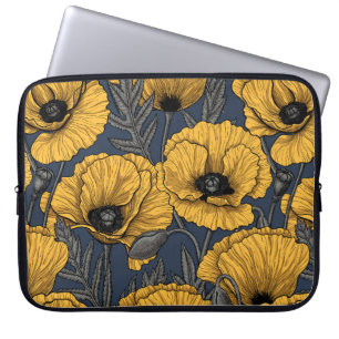 Yellow poppies on navy laptop sleeve
