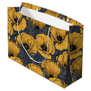 Yellow poppies on navy large gift bag