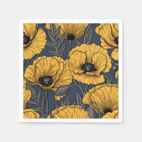 Yellow poppies on navy napkins