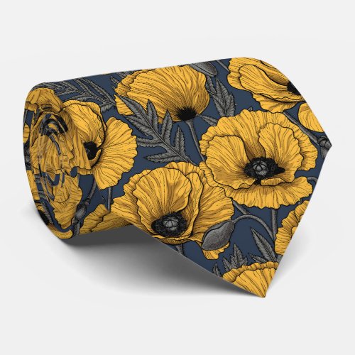 Yellow poppies on navy neck tie