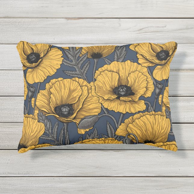Yellow poppies on navy outdoor pillow (Front)