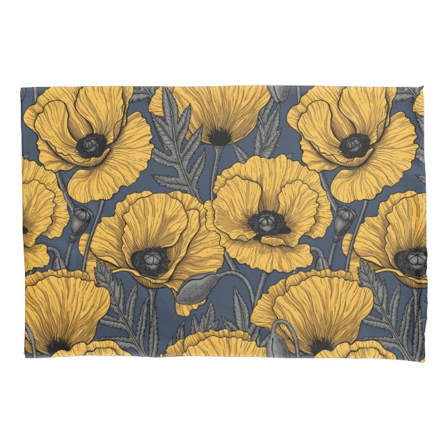Yellow poppies on navy pillow case (Front-Left)