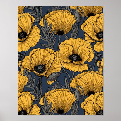Yellow poppies on navy poster
