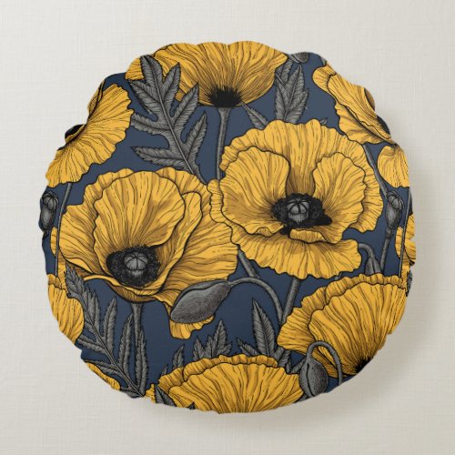 Yellow poppies on navy round pillow
