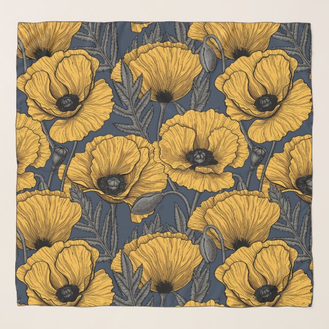 Yellow poppies on navy scarf (Front)