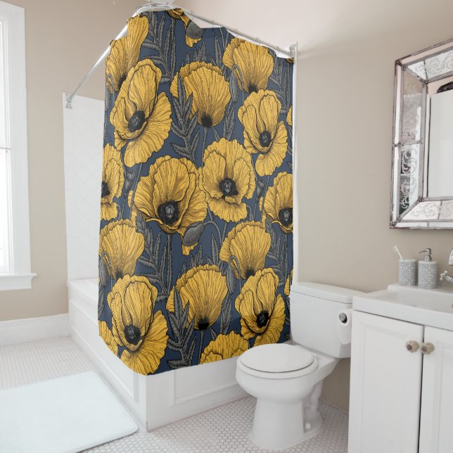Yellow poppies on navy shower curtain (In Situ)