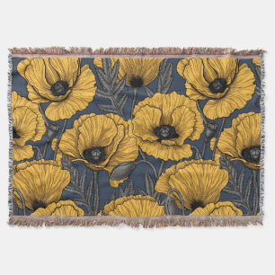 Yellow poppies on navy throw blanket