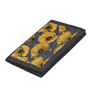 Yellow poppies on navy trifold wallet