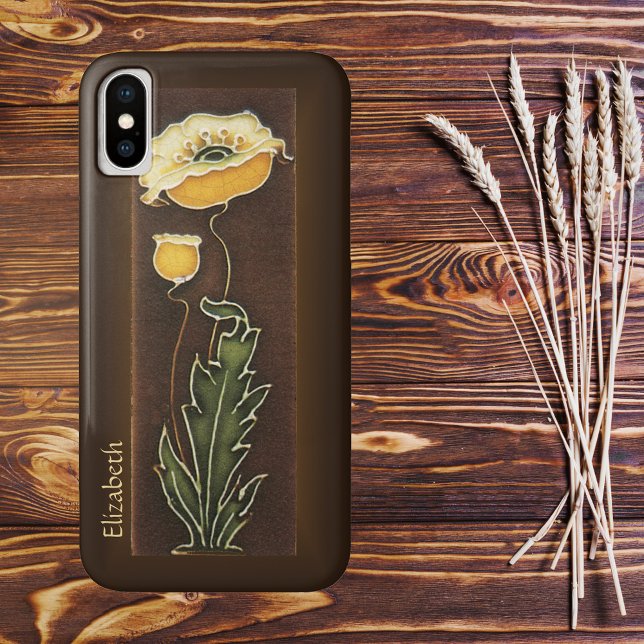 Yellow Poppy Aged Tile Look Case-Mate iPhone Case (Yellow Poppy Aged Tile Look with Custom Text Line Phone Case)