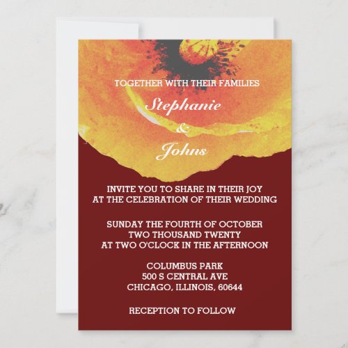 Yellow Poppy Flower Burgundy Red Floral Wedding Invitation