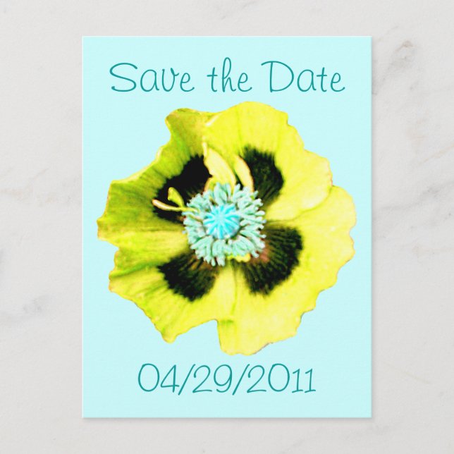 Yellow Poppy 'Save the Date' postcard blue (Front)